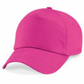 A Beechfield BC010 baseball cap in bright pink, featuring a curved brim and button top, displayed against a white background.