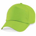 A vibrant green BC010 baseball cap by Beechfield, featuring a curved brim and button on top, seen from the front with a slight side angle against a plain white background.
