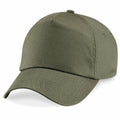 The Beechfield BC010 is an olive green baseball cap featuring a curved brim and an adjustable strap at the back. Crafted from smooth fabric, it is displayed against a plain white background.