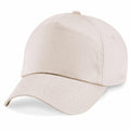 The Beechfield BC010 is a plain beige baseball cap featuring a curved brim, showcased against a white background.