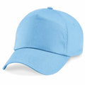 A Beechfield BC010 baseball cap featuring a light blue color, curved brim, and adjustable closure.