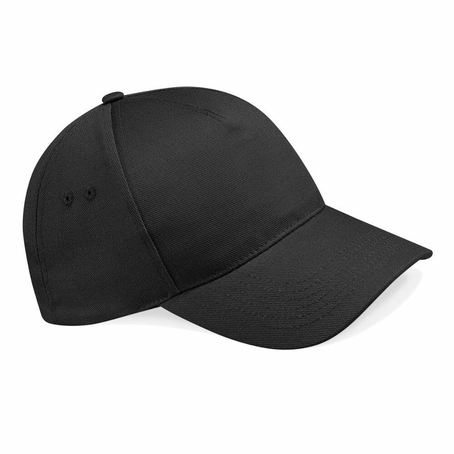 Beechfield BC015 black baseball cap featuring a curved brim and side ventilation eyelets.