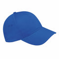 The Beechfield BC015 is a plain blue baseball cap featuring a curved brim and adjustable back. It includes small ventilation holes on the sides and is crafted from soft fabric.