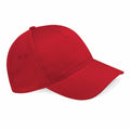 Introducing the BC015 by Beechfield: a vibrant red baseball cap with a stylish curved brim and a top button. It showcases small ventilation holes on the side panels for added comfort and breathability. Set against a plain white background, the cap’s striking color and sleek design are beautifully highlighted.