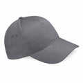 Presenting the Beechfield BC015: a stylish grey baseball cap featuring a six-panel design and curved brim. It includes two ventilation eyelets on each side, showcased from an angle to emphasize its structured shape and smooth fabric texture.