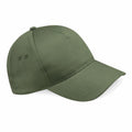 The Beechfield BC015 is an olive green baseball cap featuring a curved brim, button top, and two ventilation holes on each side. It is depicted from a slight angle, emphasizing the detailed stitching and smooth fabric texture.