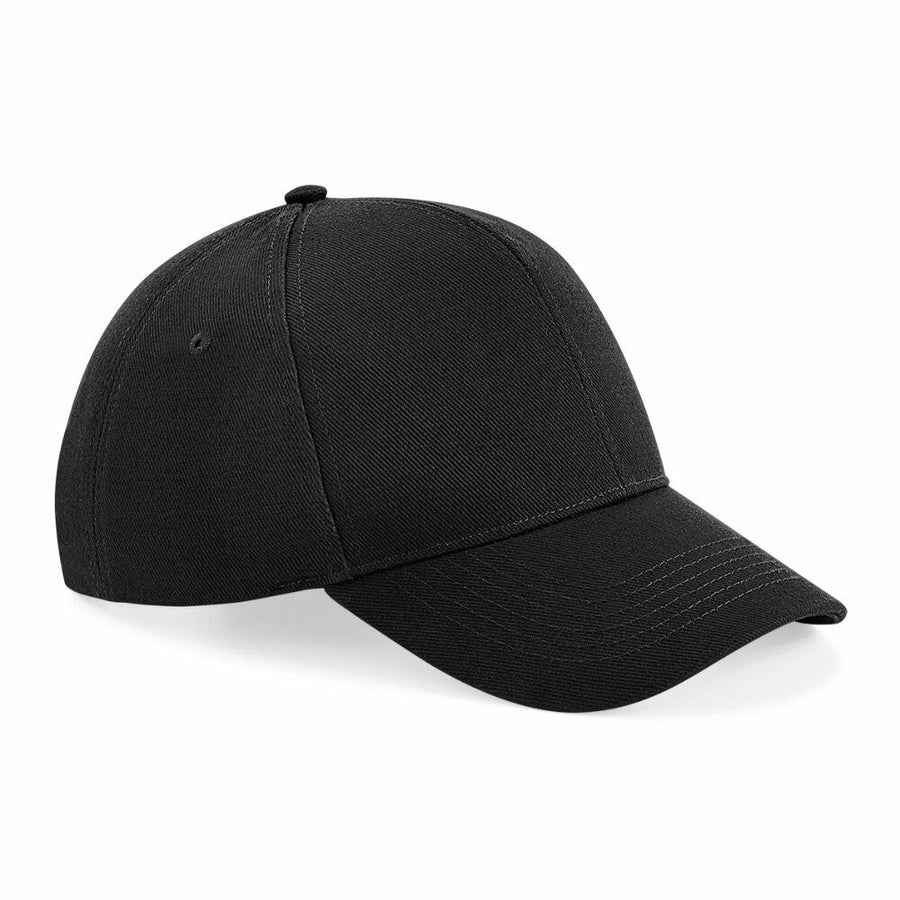 Beechfield's BC018 is a black baseball cap featuring a curved brim and stitching details.