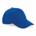 A Beechfield BC018, a plain blue baseball cap with a curved brim.