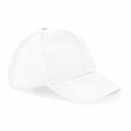 A product description for the BC018 by Beechfield: a plain white baseball cap featuring a classic six-panel design with a curved brim, soft texture, and a button at the top with visible seams, captured from a slightly elevated angle.