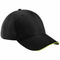 A black BC020 baseball cap by Beechfield, featuring a curved brim and subtle green lining, displayed against a white background.