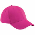 Introducing the Beechfield BC020, a vibrant pink baseball cap featuring a curved brim and prominent stitching. Displayed at an angle to reveal both the front and part of the side, this cap showcases a smooth, solid-colored fabric design.