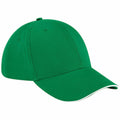 A Beechfield BC020 cap featuring a green color, curved brim, and a button on top.