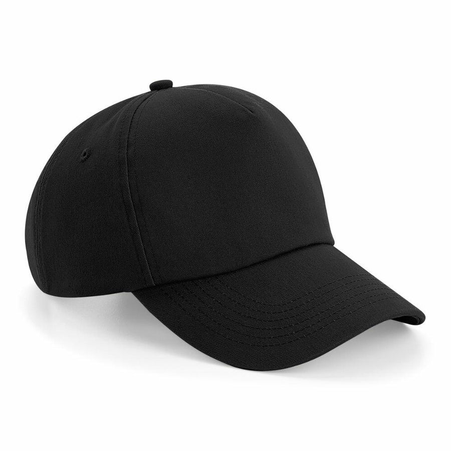 The Beechfield BC025, a plain black baseball cap with a curved brim, is shown against a white background.