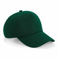 A front-left angled view of Beechfield's BC025, a dark green baseball cap featuring a curved brim and button on top.