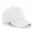 A Beechfield BC025 baseball cap, featuring a plain white design with a curved brim and button on top, displayed against a white background.