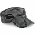 The Beechfield BC033 is a military-style cap designed with a green and gray camouflage pattern, featuring a flat top and a short, curved brim.