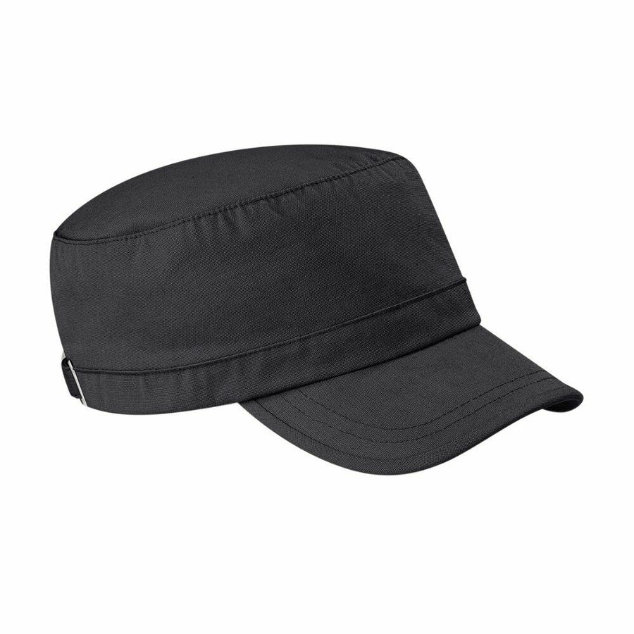 A Beechfield BC034 cap featuring a black military-style design with a flat top and short brim.