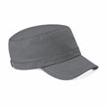 The Beechfield BC034 is a gray, military-style cap featuring a flat top and a curved bill.