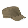 Introducing the Beechfield BC034: a military-style cap in olive green featuring a flat top and a short, curved brim. It includes a small adjustable strap on the side to ensure the perfect fit.