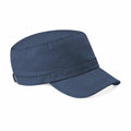 A Beechfield BC034 cap featuring a dark blue military-style design with a flat crown and short, curved brim, showcased on a white background.