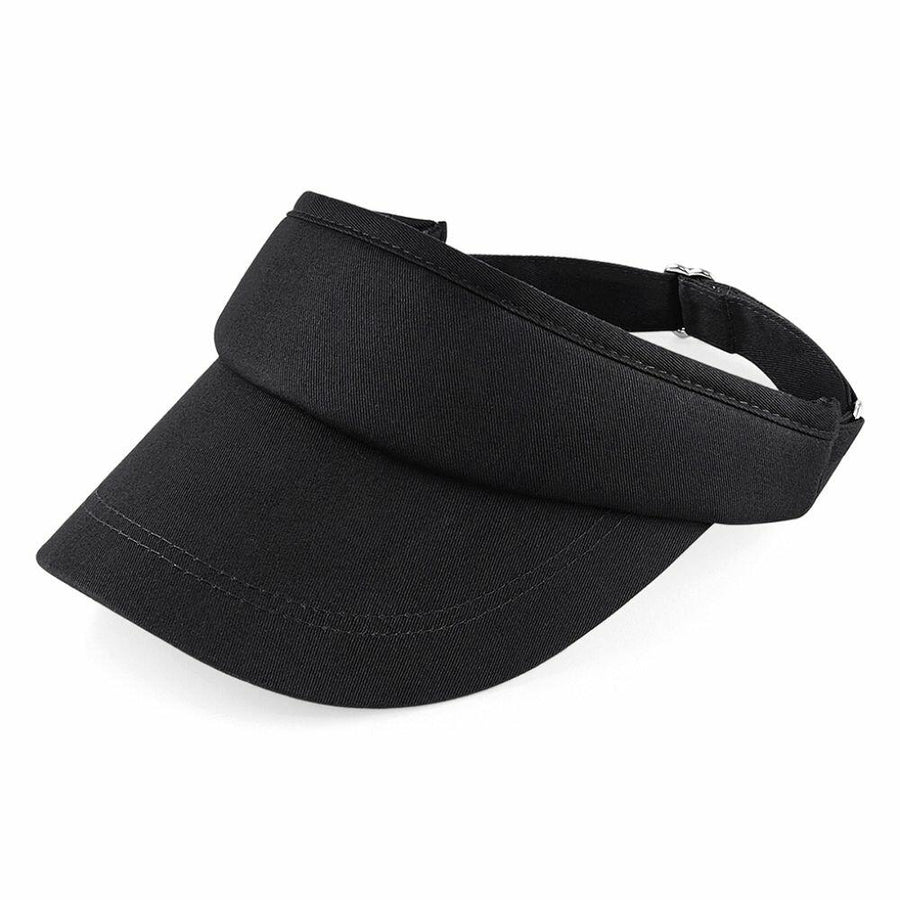 Beechfield BC041 sun visor made of black fabric with an adjustable strap.