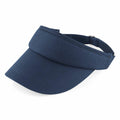 A Beechfield BC041 sun visor cap in navy blue, featuring an adjustable strap, displayed on a plain background.