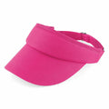 The BC041 visor hat by Beechfield features a bright pink color and an adjustable strap.