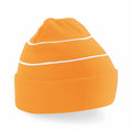 Beechfield's BC042 orange knit beanie featuring two thin white stripes.