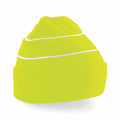 A Beechfield BC042 beanie in bright yellow featuring two reflective horizontal stripes.