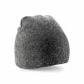 A Beechfield BC044 gray knit beanie hat with a ribbed texture, showcased against a white background.