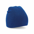 A Beechfield BC044 blue knit beanie hat displayed against a white background.