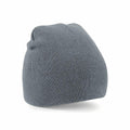 The BC044 gray knit beanie by Beechfield is displayed against a white background. It stands upright with a slightly slouched top, highlighting its simple, solid color and soft texture.