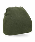 A Beechfield BC044, featuring a green knitted design, is showcased against a white backdrop. The beanie looks soft with a slight slouch and displays a ribbed texture throughout.