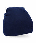 The Beechfield BC044 is a plain knit beanie hat in dark blue, featuring a smooth ribbed texture against a white background. Its simple and classic design makes it ideal for cold weather.