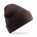A Beechfield BC045 knit beanie in brown, featuring a folded brim, showcased against a white background.