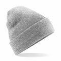 A Beechfield BC045 gray knit beanie with a folded brim is displayed against a white background. It boasts a simple, casual design and looks soft and warm.