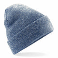 Introducing the BC045 by Beechfield: a stylish blue knit beanie featuring a folded brim and an eye-catching textured pattern. The hat's soft, warm fabric makes it perfect for chilly days, with its vibrant color and intricate details accentuated against a plain white backdrop.