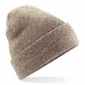 A close-up of the Beechfield BC045 brown knitted beanie, featuring a folded brim, displayed against a white background. The soft and wooly texture of the hat suggests warmth and comfort.