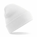 The Beechfield BC045, a plain white beanie with a folded brim, is displayed against a white background.