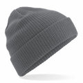 A gray, ribbed knit beanie with a folded brim from Beechfield's BC050 collection is displayed against a white background.