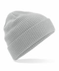 The Beechfield BC050 is a light gray knitted beanie featuring a folded brim, showcased on a white background.