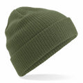 The Beechfield BC050 beanie, featuring an olive green color, ribbed texture, and a folded cuff, is displayed against a white background.