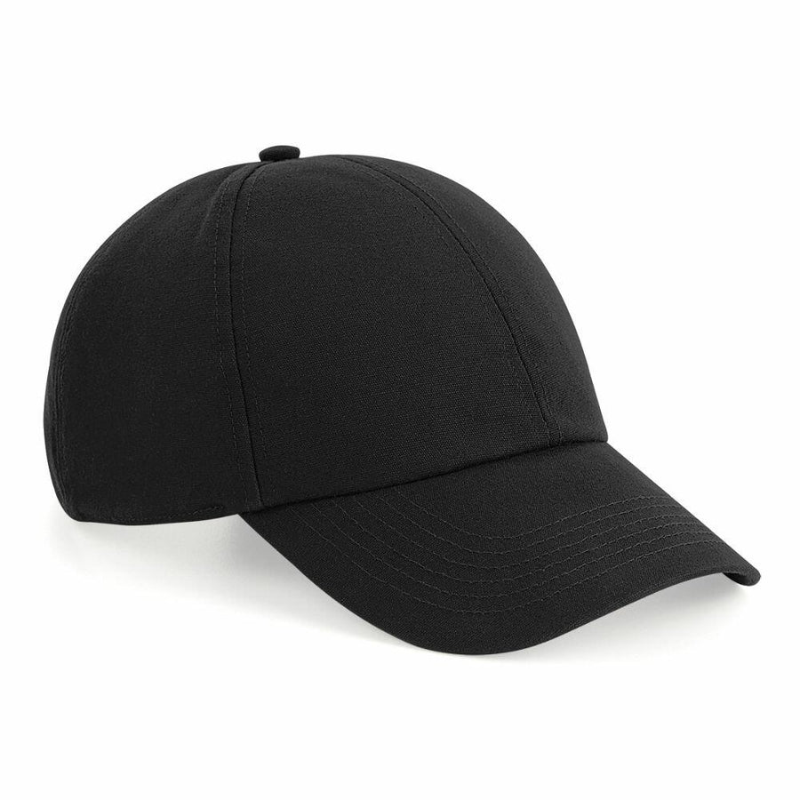A Beechfield BC054 baseball cap in black, featuring a curved brim and a button on top.