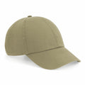 Introducing the Beechfield BC054: a sleek olive green baseball cap featuring a curved visor and six-panel design.