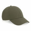The BC054 by Beechfield is an olive green baseball cap featuring a curved brim and a button on top, displayed against a white background.