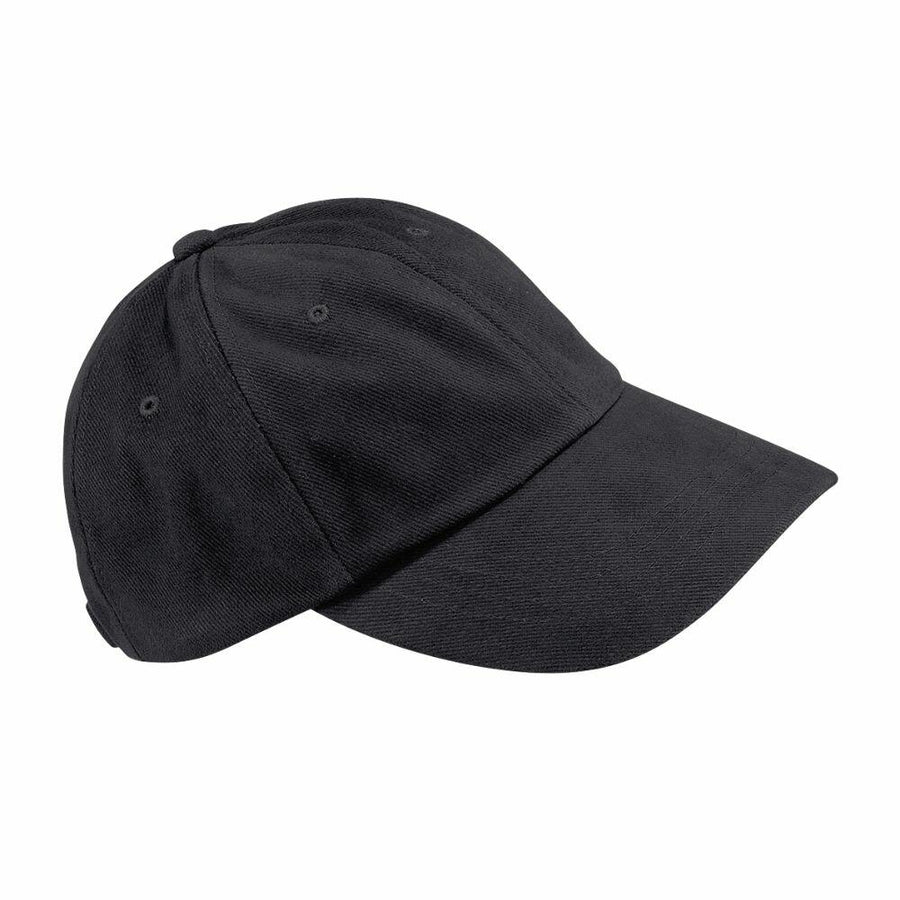 The Beechfield BC057 baseball cap, featuring a plain black design and a curved brim, is displayed against a white background.