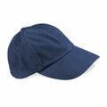 The Beechfield BC057 is a plain navy blue baseball cap designed with a curved brim and six panels. Each panel includes ventilation eyelets, and it has a button on top. Displayed at an angle, this cap highlights its simple and classic design.