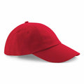 A vibrant red Beechfield baseball cap with a curved bill and an adjustable strap at the back, labeled as product BC058, showcased against a plain white background.