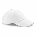 A Beechfield BC058 baseball cap in plain white featuring a curved brim and button top, displayed from a front-side angle.