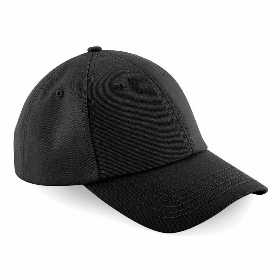 The Beechfield BC059 is a plain black baseball cap with a curved brim and six panels, featuring ventilation eyelets.